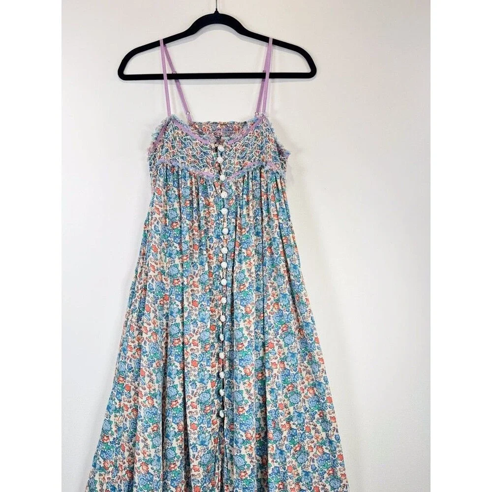 Free People Maxi Dress Blue Molly Jo Floral Button Down Cutout Back Smocked XS